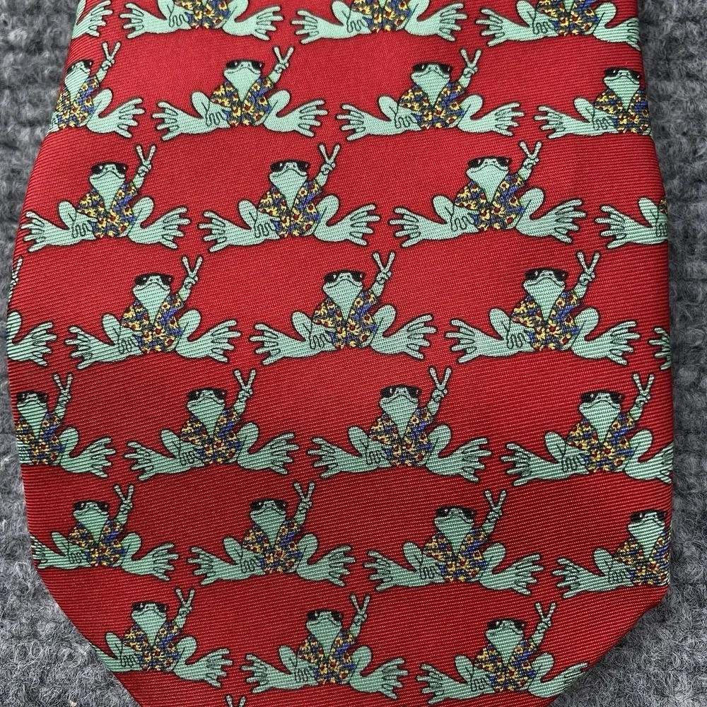 Peace Frogs Silk Necktie Red Green Whimsical Novelty Preppy Holiday